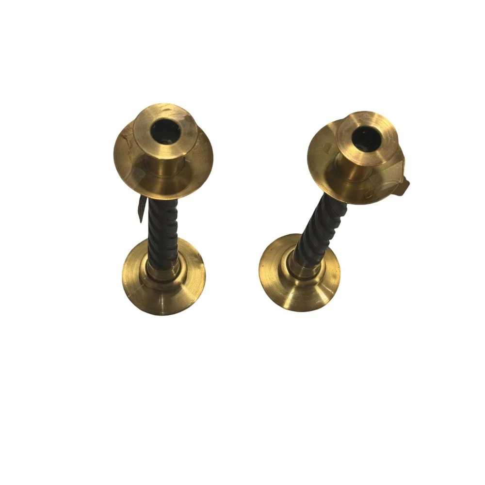Vintage Brass and Barley Twist Wood Taper Candlestick Holders Pair 9 Inch